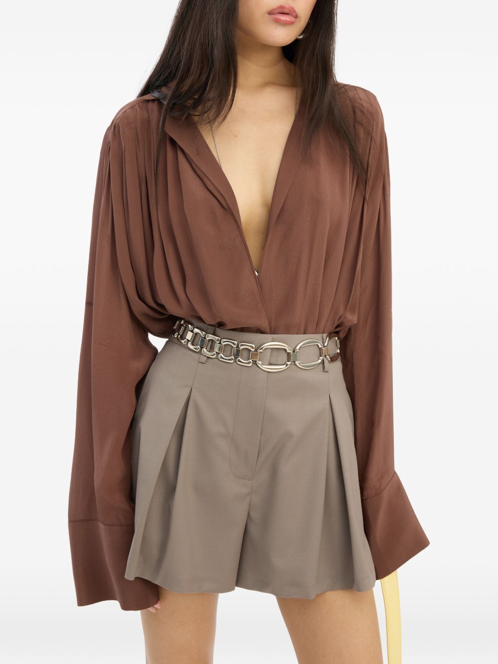 tops pleated ls top brown ROTATE