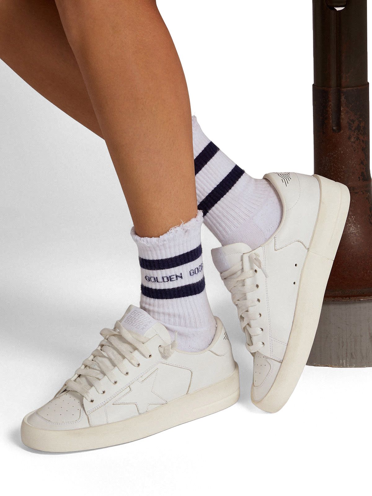 White navy high rib socks GOLDEN GOOSE