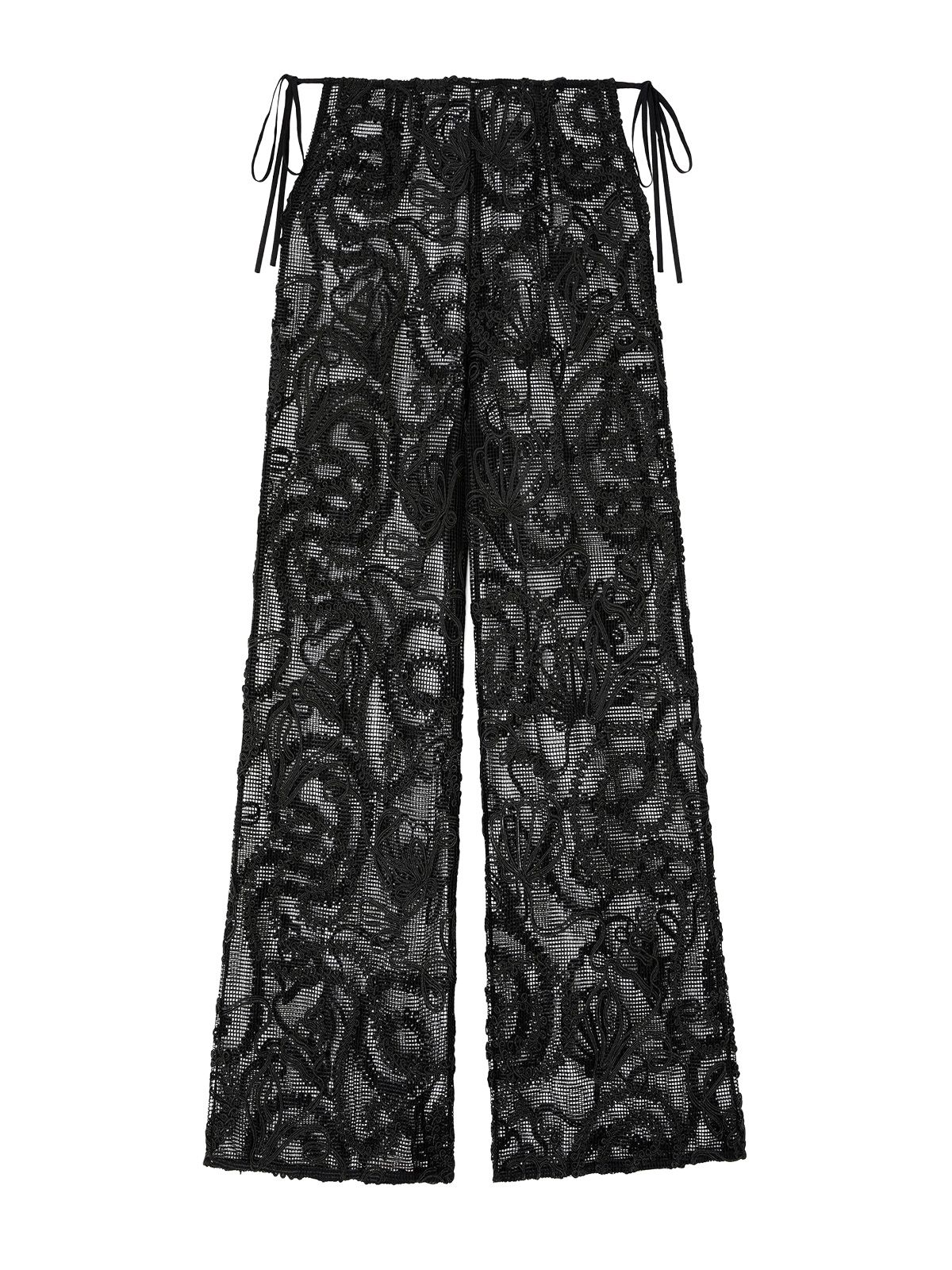 pantaloni neri con laccetti in rete ricamata