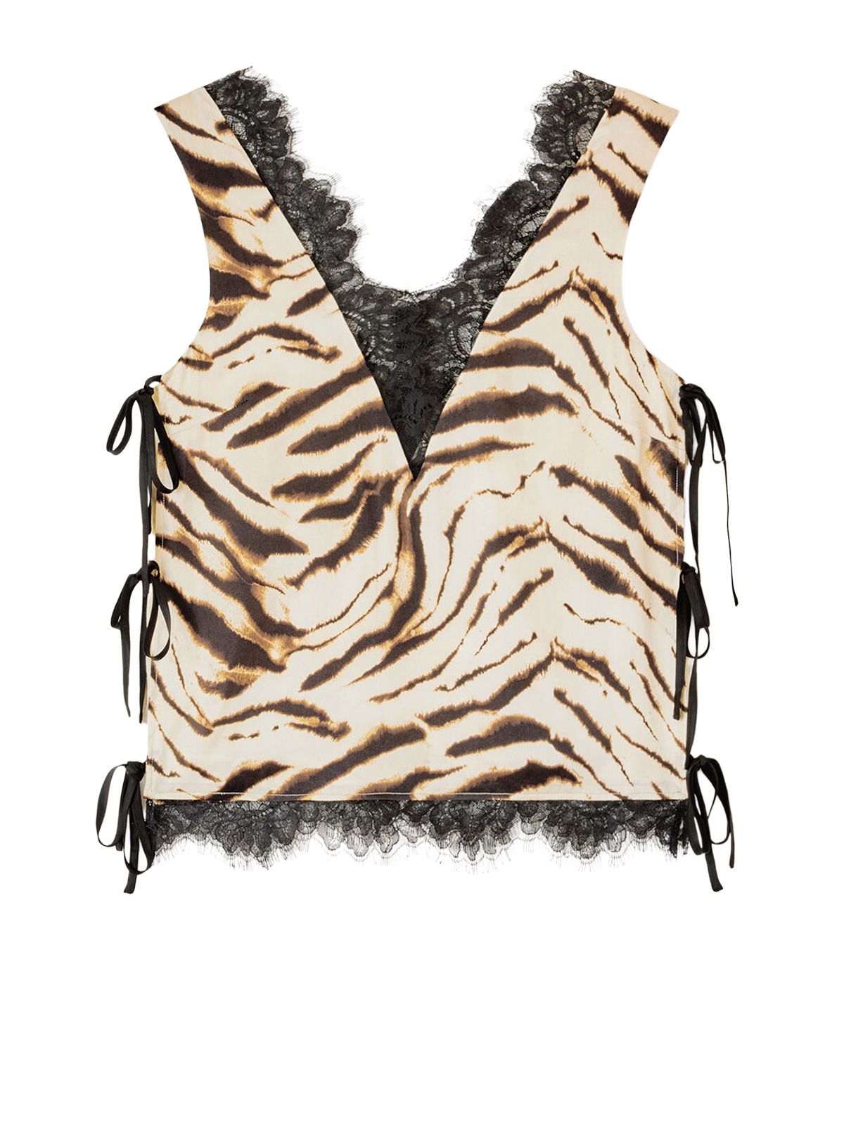 printed stretch satin v neck lace slip top egret