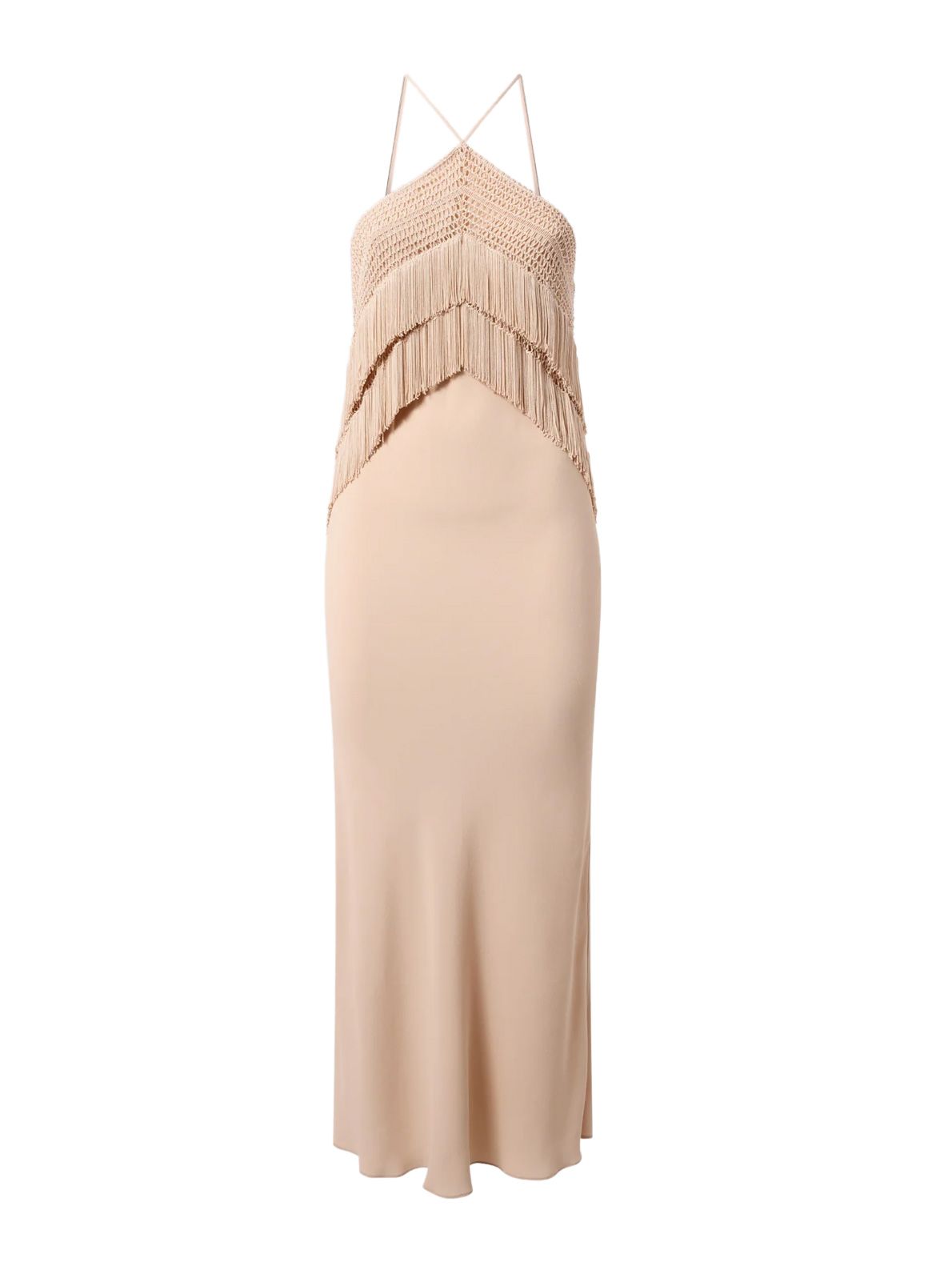 reina halterneck fringed midi dress pink 