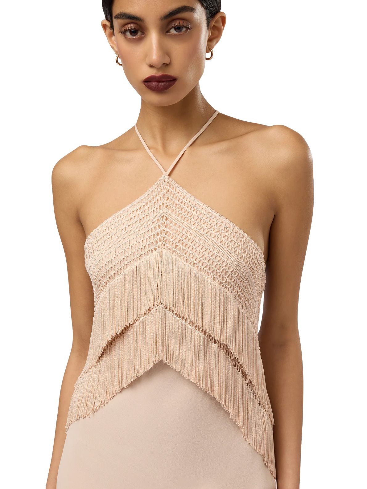 reina halterneck fringed midi dress pink  THE ANDAMANE