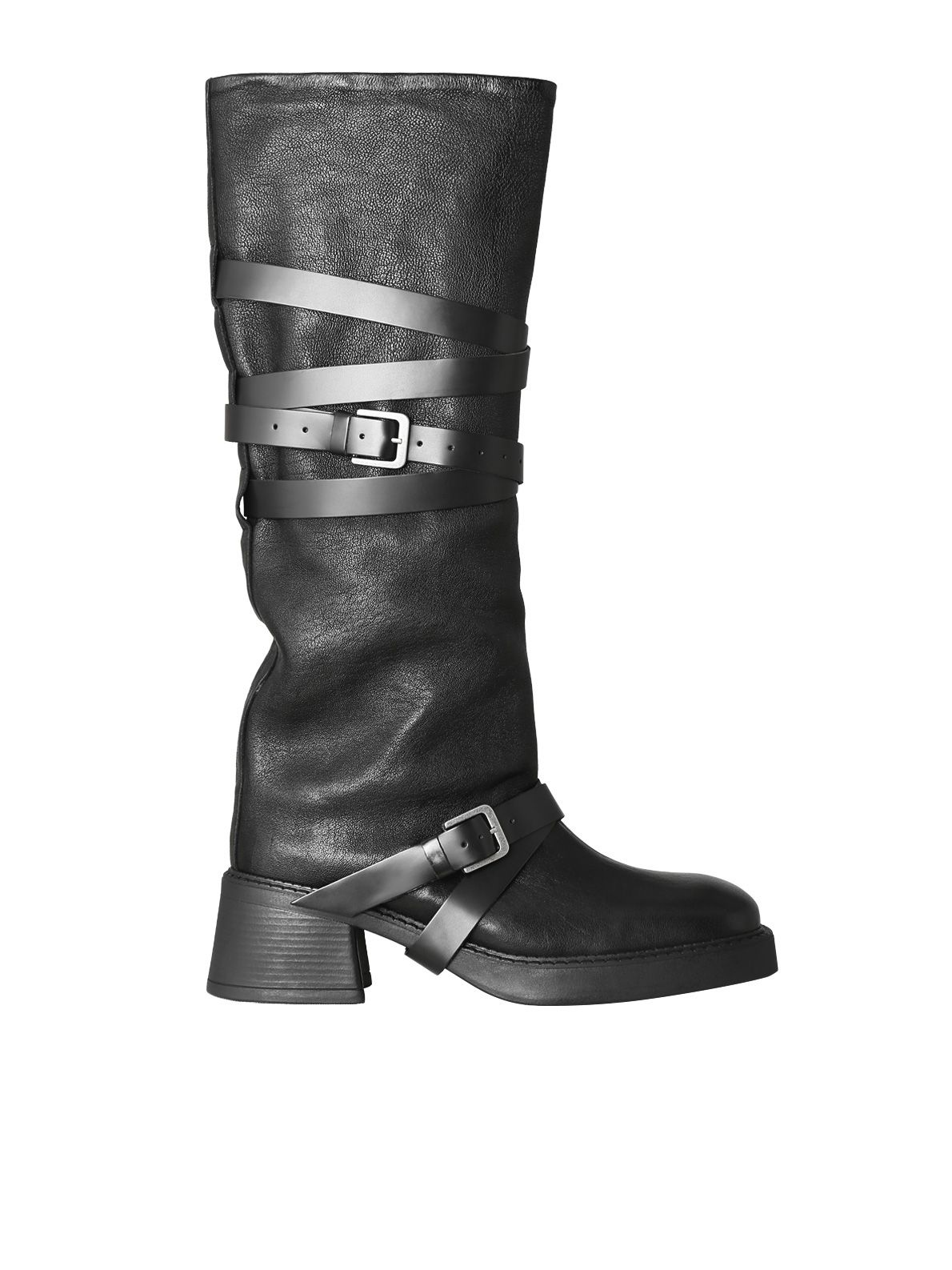 Black belted tall boots