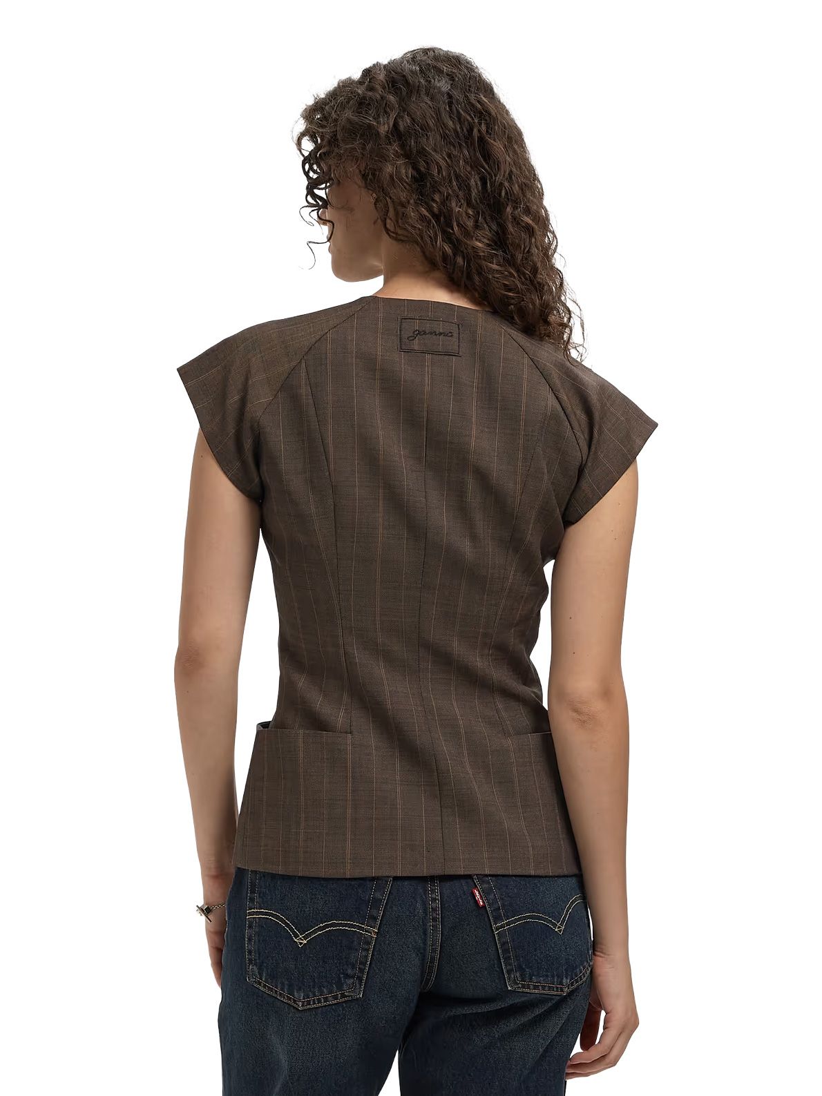 Light wool melange stripe cap sleeve blouse marrone GANNI