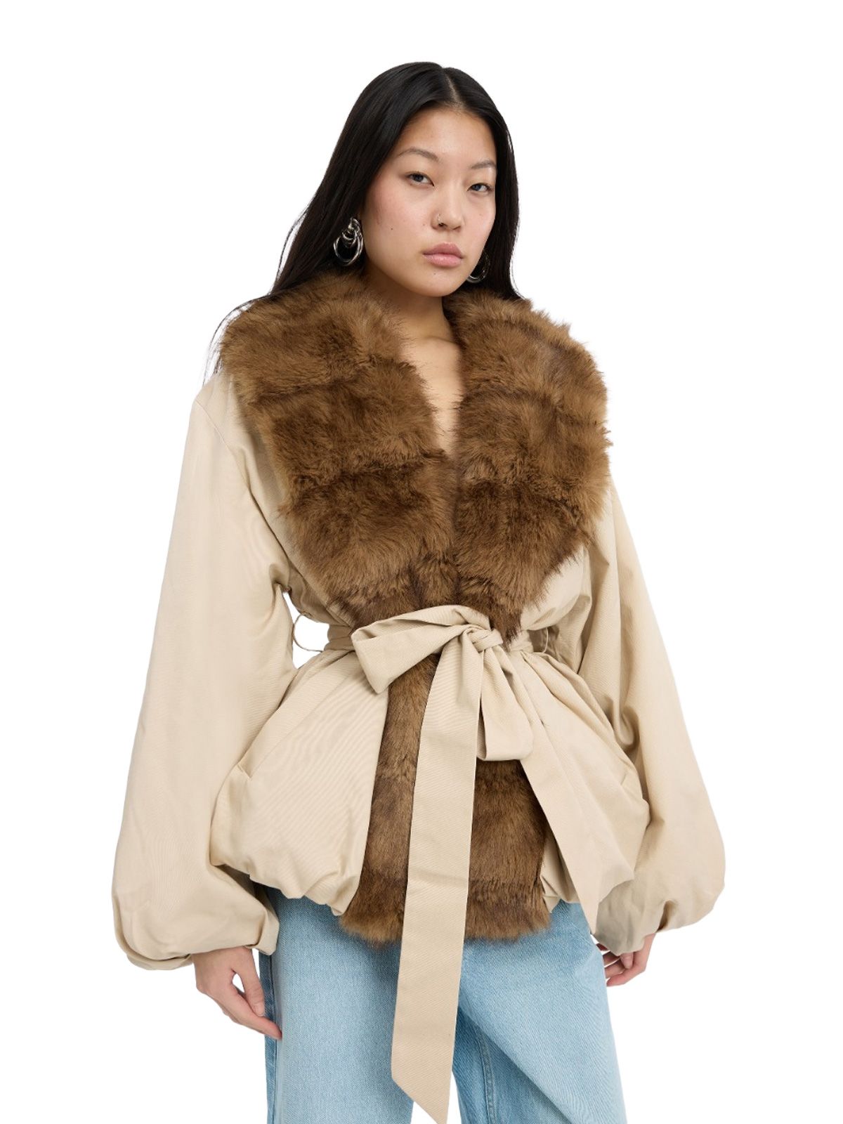 Beige faux fur collar jacket ROTATE
