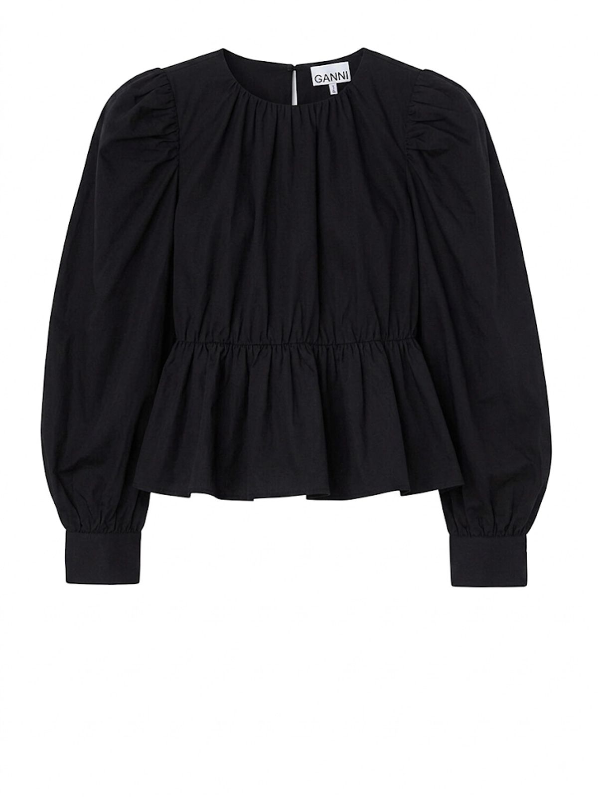 Black compact poplin gathered peplum blouse