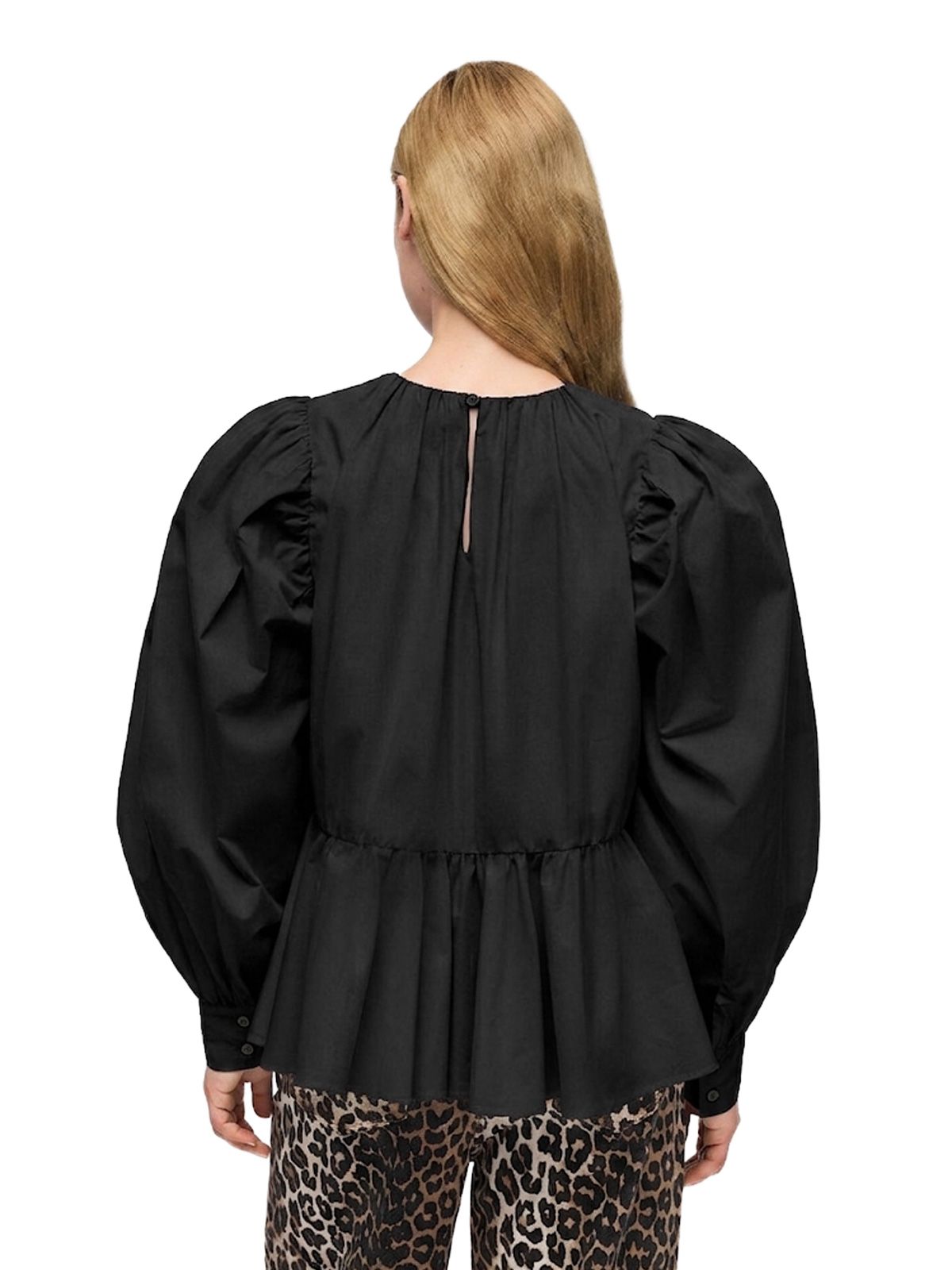 Black compact poplin gathered peplum blouse GANNI