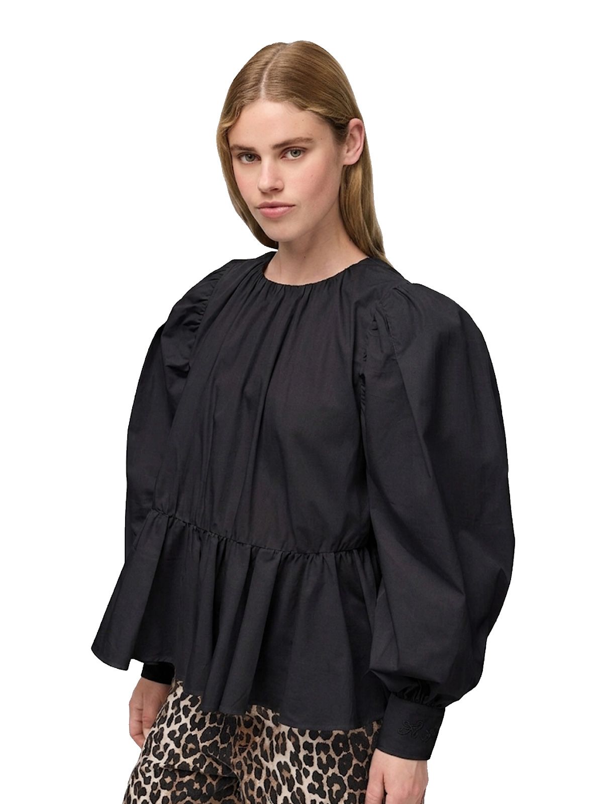 Black compact poplin gathered peplum blouse GANNI