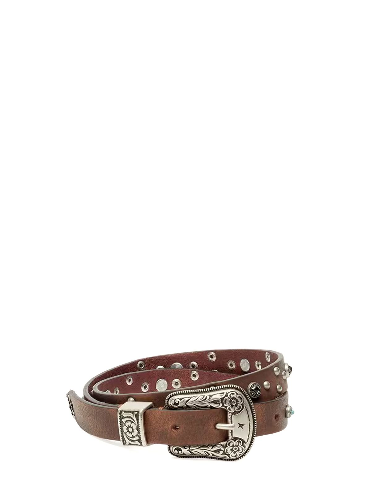 Cintura in pelle color cuoio con borchie e intarsi metallici