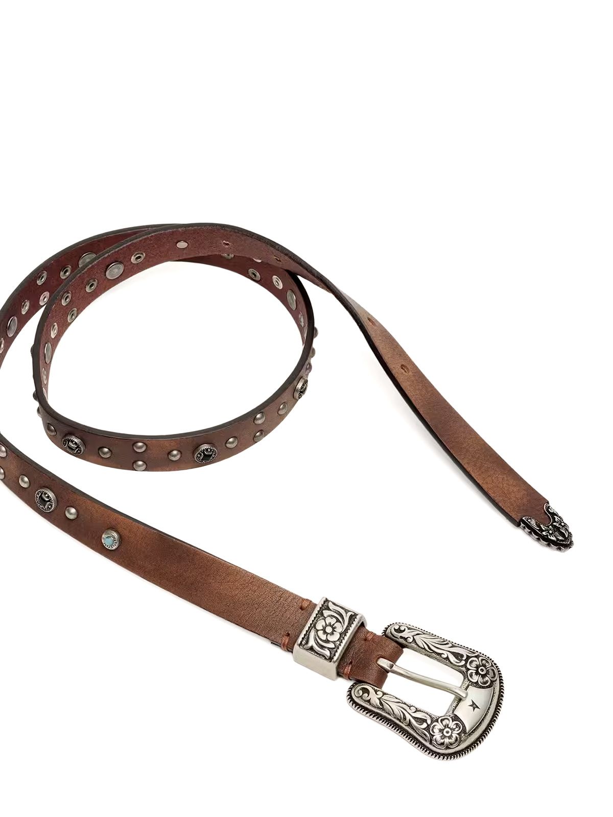 Lace belt in tan washed leather with studs and metal inlays GOLDEN GOOSE