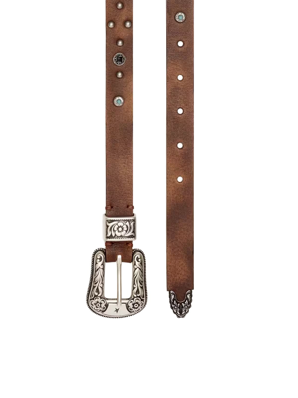Lace belt in tan washed leather with studs and metal inlays GOLDEN GOOSE