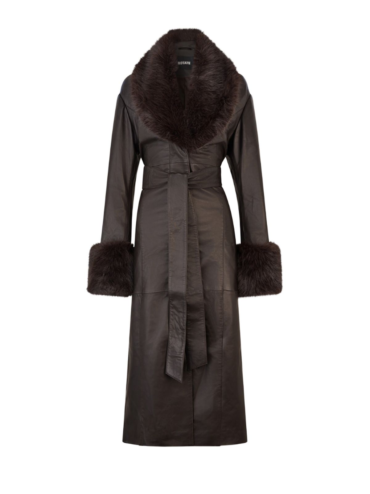 Cappotto in pelle marrone nocciola con collo in finta pelliccia