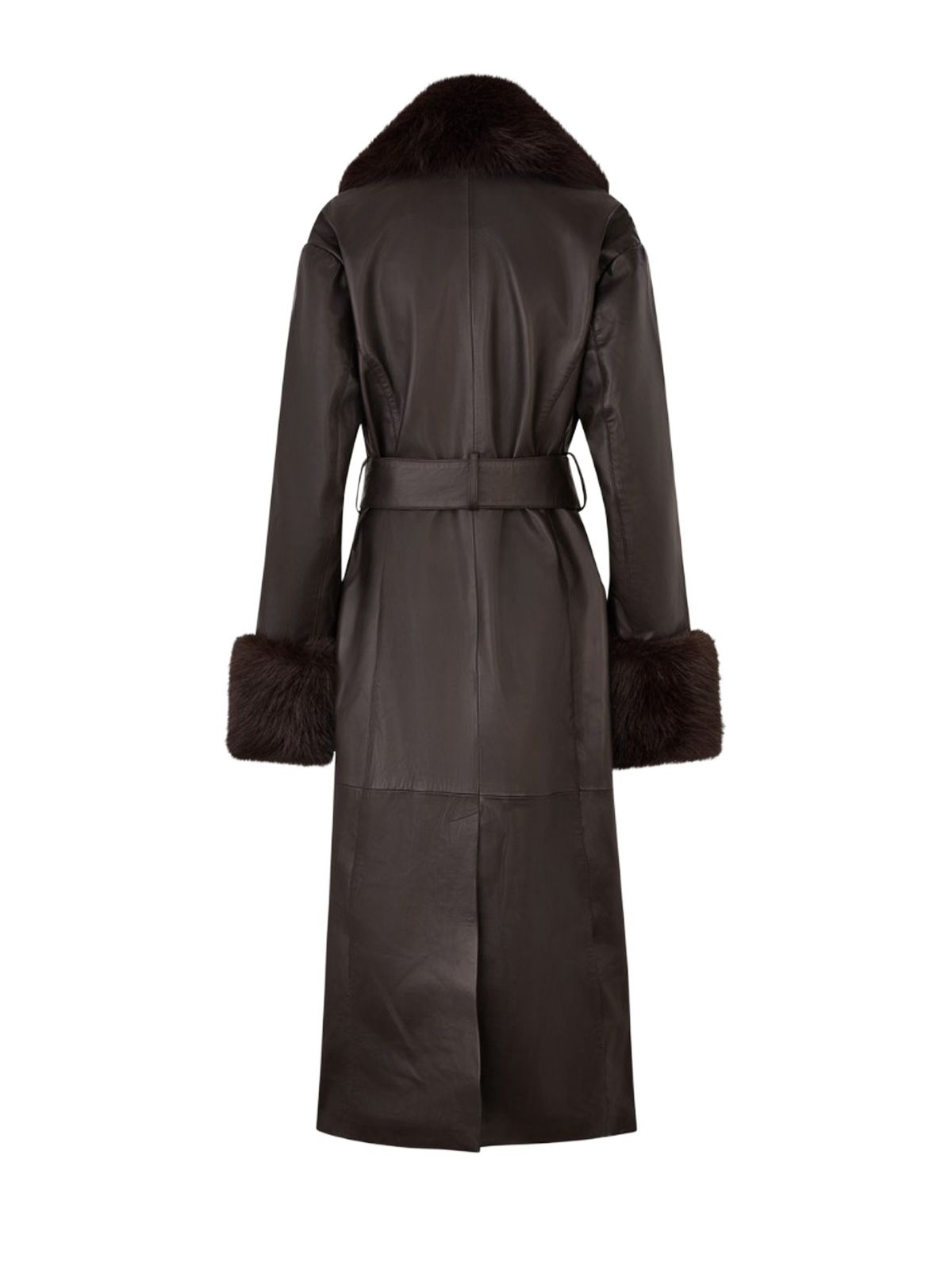 Cappotto in pelle marrone nocciola con collo in finta pelliccia ROTATE