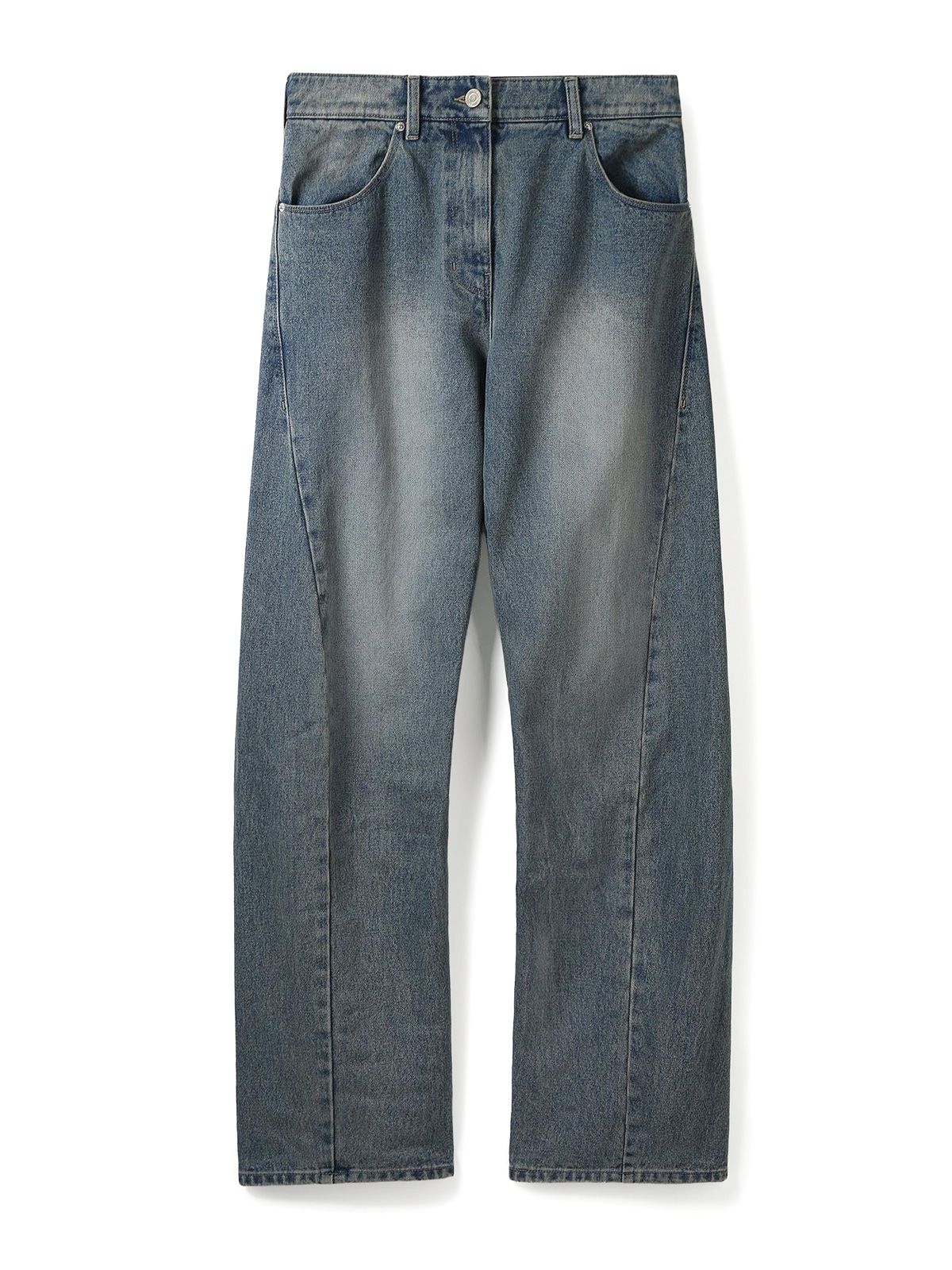 Pantaloni in denim blu con cuciture ritorte