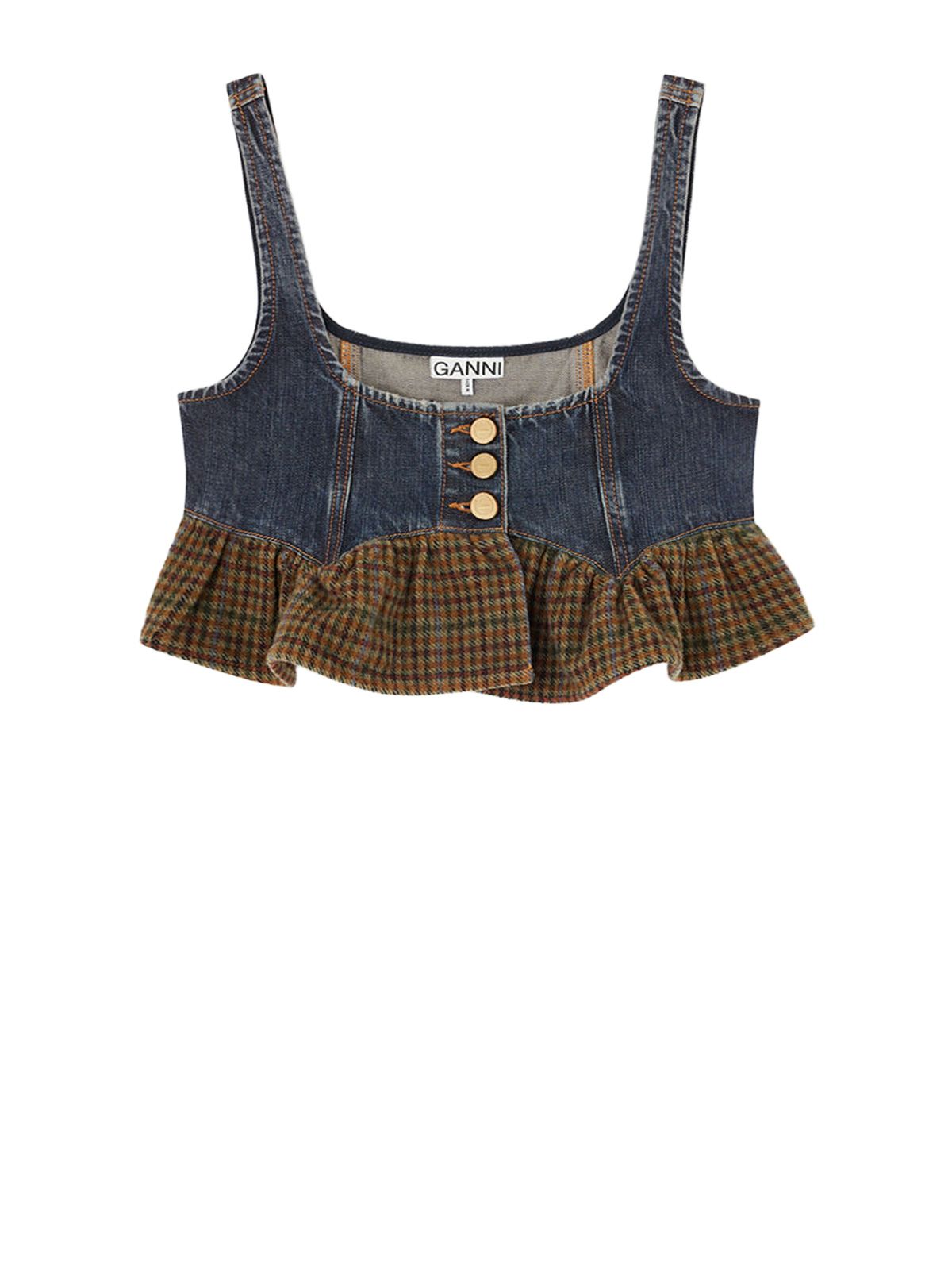 Top in denim blu con balza