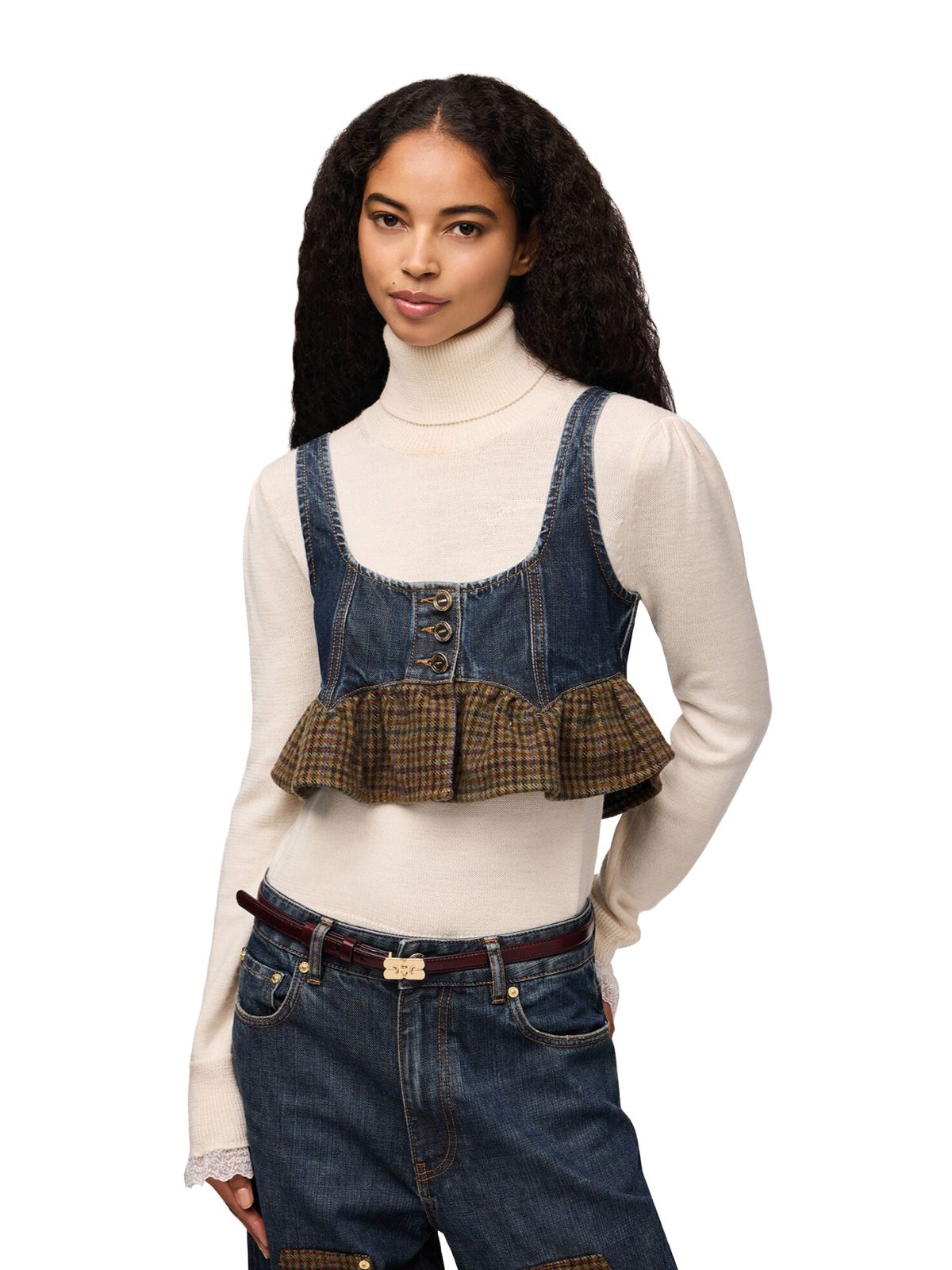 Blue slub mix denim flounce top GANNI